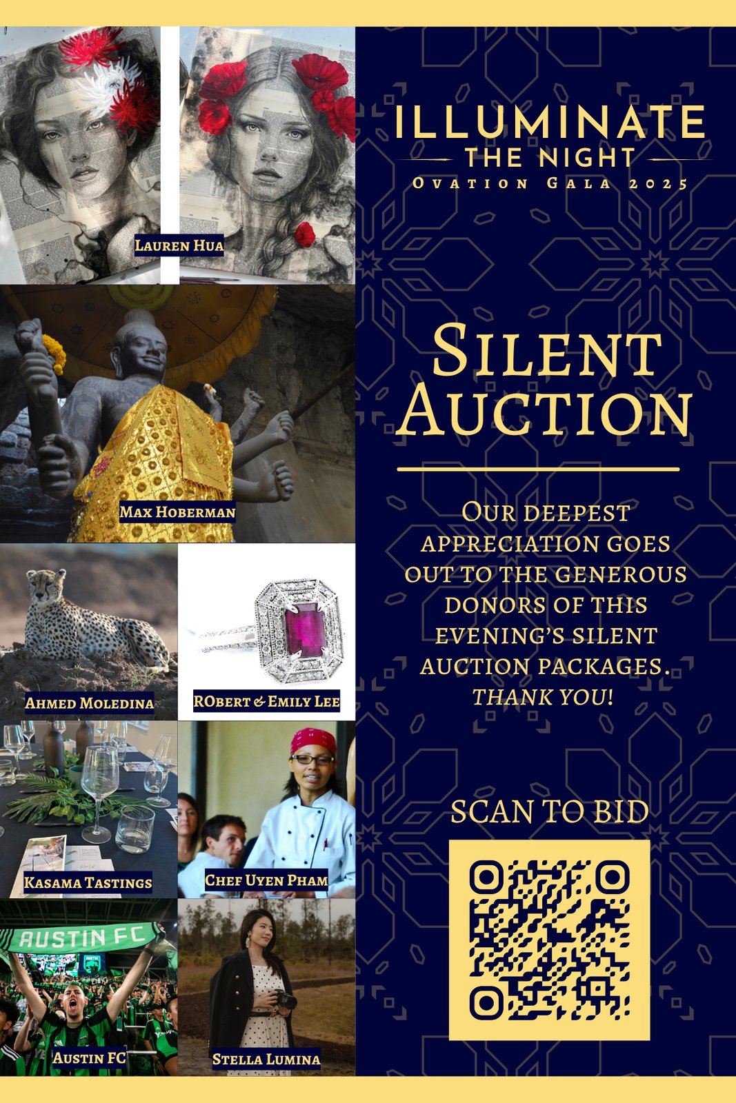 Illuminate the Night silent auction table display for Ovation Gala 2025